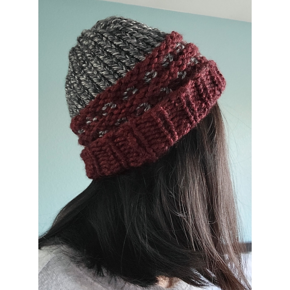 Two-Tone Waffle-Base Knit Beanie - Charcoal/Burgundy (Handmade) - Picture 12 of 12
